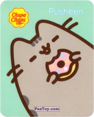 PaxToy.com  Наклейка / Стикер 23 (Аквамариновый фон) - Pusheen доволен пончиком из Chupa Chups: Pusheen