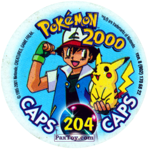 PaxToy.com - Фишка / POG / CAP / Tazo 204 Pikachu крепко держится (Кадр Мультфильма) (Сторна-back) из Nintendo: Caps Pokemon 2000 (Blue)