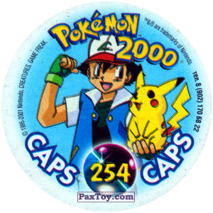 PaxToy.com - Фишка / POG / CAP / Tazo 254 Ash (Кадр Мультфильма) (Сторна-back) из Nintendo: Caps Pokemon 2000 (Blue)