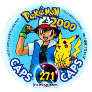PaxToy.com - Фишка / POG / CAP / Tazo 271 Ash and Pikachu run away from the wave (Сторна-back) из Nintendo: Caps Pokemon 2000 (Blue)