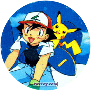 PaxToy.com  Фишка / POG / CAP / Tazo 304 Счастливые Ash и Pikachu летят на Lugia (Кадр Мультфильма) из Nintendo: Caps Pokemon 2000 (Blue)